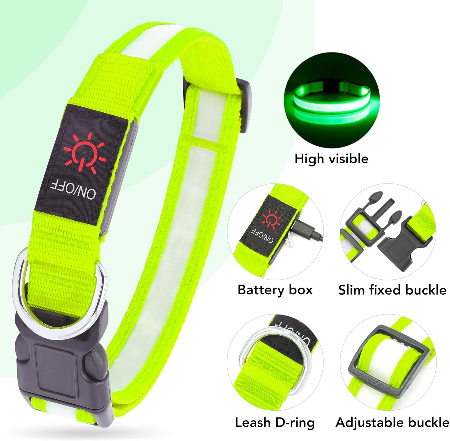 LED Dog Collar, Light up Dog Collar Adjustable USB Rechargeable Super Bright Safety Light Glowing Collars for Dog(Small,Green)