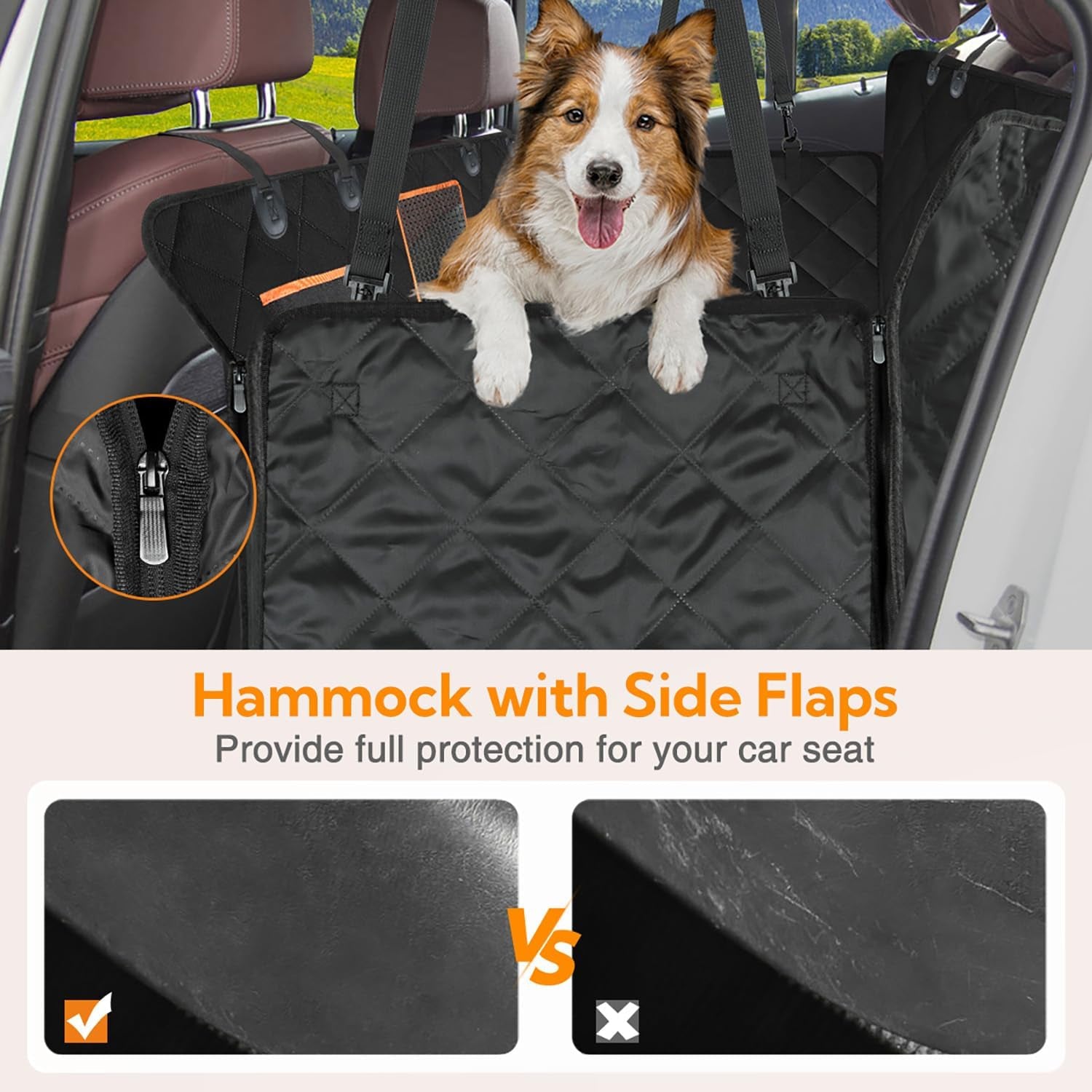 Heavy-Duty 600D Waterproof Dog Car Seat Cover with Side Flaps, Anti-Scratch Non-Slip Hammock Style Protector for Back Seat of Cars, Trucks, and SUVs