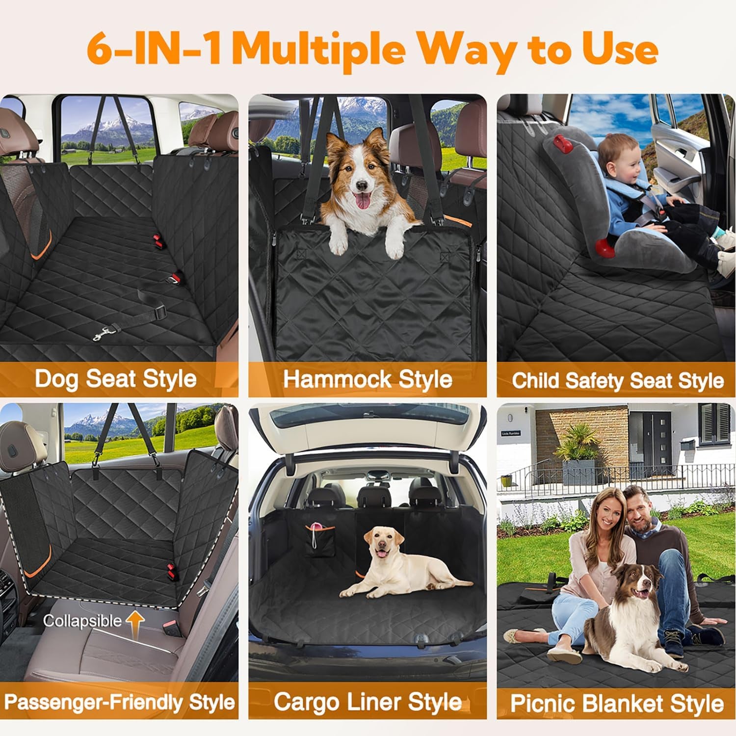 Heavy-Duty 600D Waterproof Dog Car Seat Cover with Side Flaps, Anti-Scratch Non-Slip Hammock Style Protector for Back Seat of Cars, Trucks, and SUVs