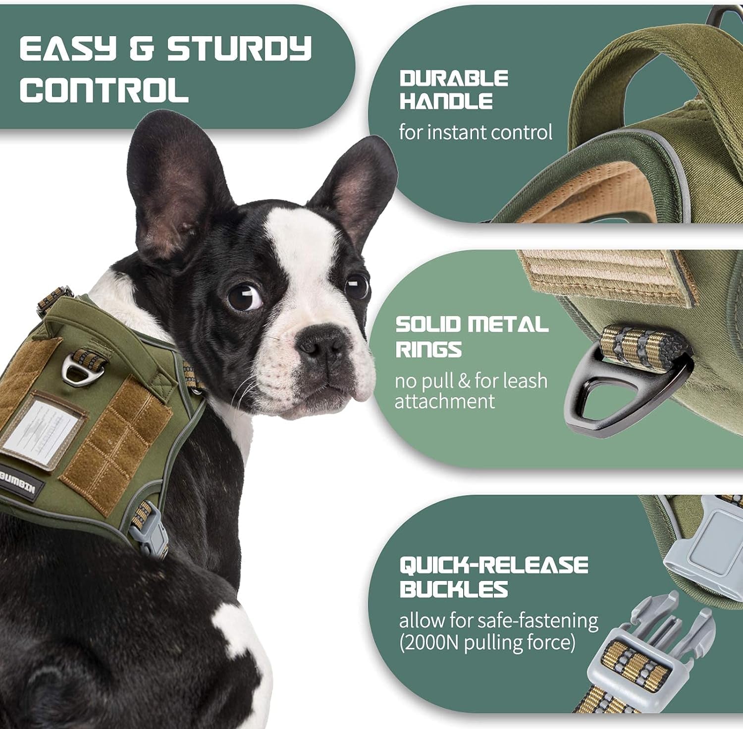 Professional Tactical Dog Harness for Medium Breeds - No Pull Design, Reflective Adjustable Vest with Handle for Training and Walking, Green M