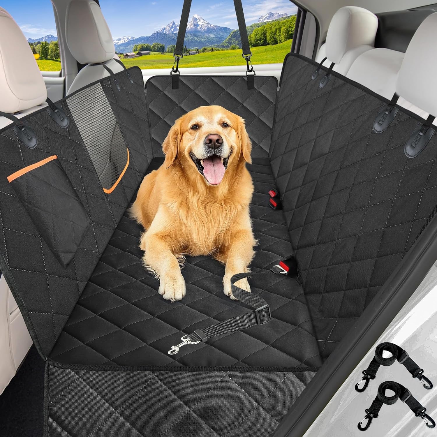 Heavy-Duty 600D Waterproof Dog Car Seat Cover with Side Flaps, Anti-Scratch Non-Slip Hammock Style Protector for Back Seat of Cars, Trucks, and SUVs